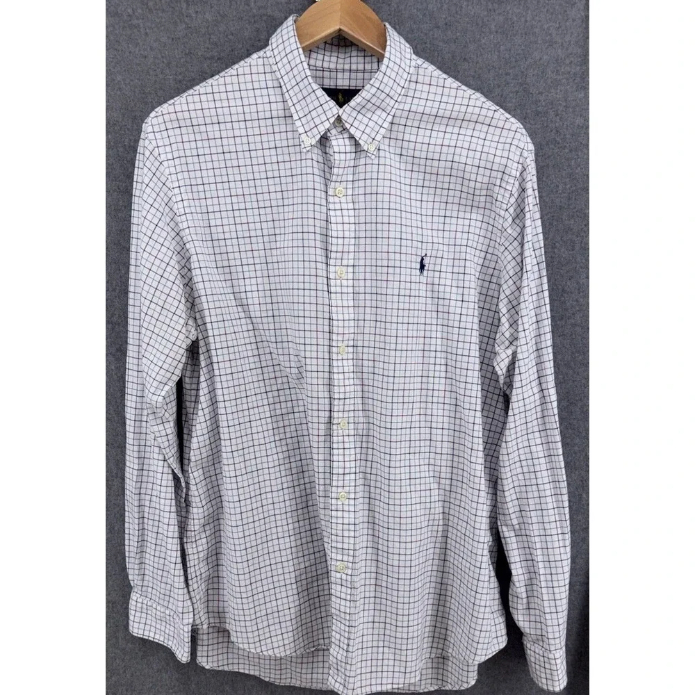 Polo Ralph Lauren Men's Long Sleeve‎ White Grid Check Button Down XL 100% Cotton